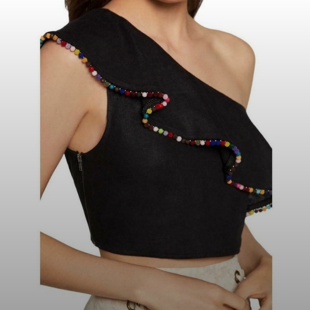 Bcbgeneration Black Crop One Shoulder Pompom Edge… - image 1